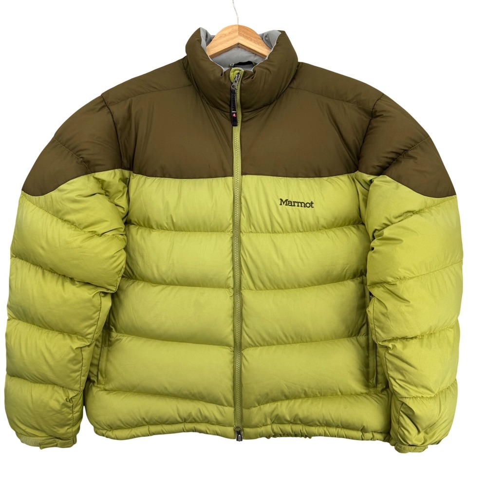 Marmot Puffer Jacket Mens XXL Green Two Tone Quilted Down Coat Good Condition